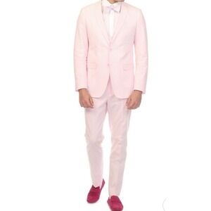 Ferrecci Seersucker Suit Mens 38R 32W New PINK White Stripe Formal $230 Read